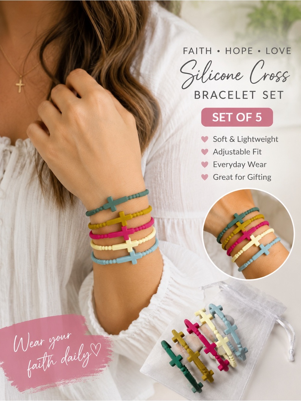 Silicone Cross Bracelet Set - Pink, Yellow, Blue, Green, Cream
